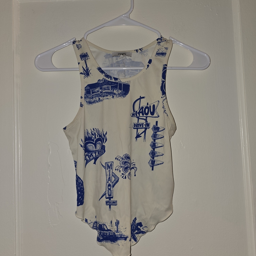 Miaou Cream Bodysuit with Blue Graphic Print-only Top